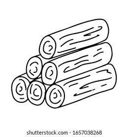 Stacked firewood. Doodle style,Black and white vector illustration. element is hand-drawn and isolated on a white background. Illustration on the theme of camping, camping, forest. Logging firewood