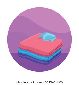 stacked folded clothes, shirts, jacket icon cartoon in round icon