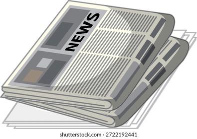 Periódico plegado apilado, titular en negrita, Arte vectorial en escala de grises, líneas limpias, sombreado mínimo, aislado