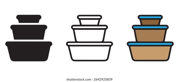 Stacked food containers different style icon set.