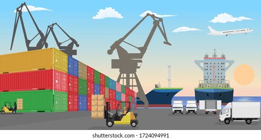 Stacked Freight Containers At A Sea Port Dock. High Detailed Cargo Ships Cars And Forklift Cars For Your Design. Flat Vector Illustration.