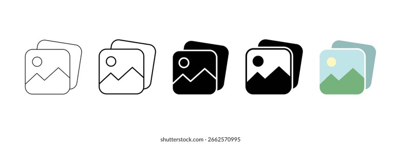 Stacked gallery icon set vector illustration with outline glyph flat color style for user interface photo album and image organizer.