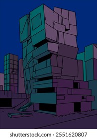 Stacked geometric blocks forming a modern abstract building facade. The facade features green and blue tones, creating a bold and layered design.