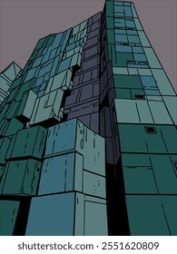 Stacked geometric blocks forming a modern abstract building facade. The facade features green and blue tones, creating a bold and layered design.