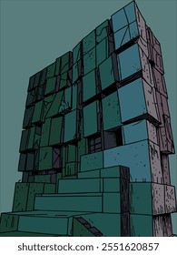 Stacked geometric blocks forming a modern abstract building facade. The facade features green and blue tones, creating a bold and layered design.