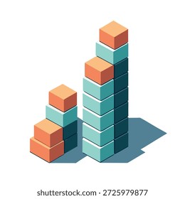 Bloques geométricos apilados que suben el gradiente ascendente Fondo naranja rosado Ilustración vectorial moderna del logro del éxito del crecimiento del negocio