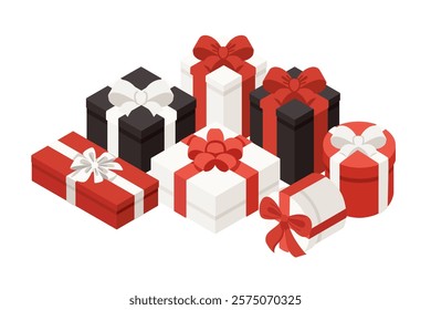 Stacked gift boxes in black, white, and red with minimalistic designs. Some boxes feature stripes, while others have solid colors, all tied with bows. Vector illustration on white background