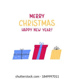 Stacked gift boxes in flat style with lettering. Merry Christmas and Happy New Year. Concept design of holiday discount sale. Design for greeting cards, stickers, prints. Vector illustration