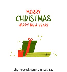 Gestapelte Geschenkschachteln im flachen Stil mit Schriftzeichen. Frohe Weihnachten und glückliches neues Jahr. Konzeption des Verkaufs von Urlaubsrabatten. Design für Grußkarten, Aufkleber, Drucke. Vektorgrafik