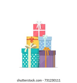 Stacked Gift Boxes In Flat Style. Concept Design Of Holiday Discount Sale. Pile Of Presents Icon. Vector Illustration.