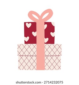 Cajas de regalo apiladas con corazones y cinta rosa, Clipart romántico festivo para el día de San Valentín