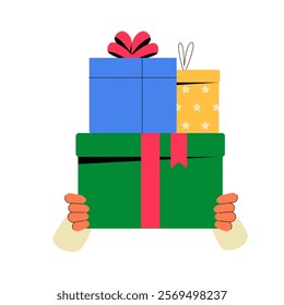 Stacked Gift Boxes Held By Hands In Flat Vector Illustration Symbolizing Holiday Spirit, Giving, And Celebration, Isolated On White Background