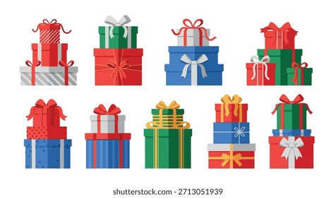 Stacked gift boxes with ribbons in various colors - Powered by Shutterstock - Get 15% off with code: PIKWIZARD15