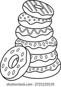 Página para colorear de rosquillas vidriadas apiladas e ilustración de arte de línea de Vector