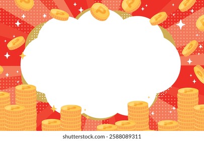 Stacked glitter coins, focus lines and speech bubbles background illustration (red)