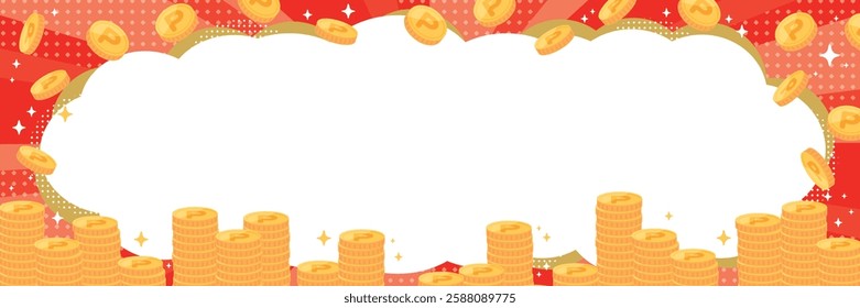 Stacked glitter coins, focus lines and speech bubbles background banner illustration (red)