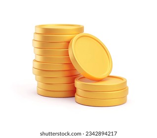 Monedas de metal en blanco de oro apiladas, dinero realista 3D, efectivo, pila de tesoros. Activos de juego, señales de pago, banco, símbolos financieros ilustración vectorial aislada en fondo blanco