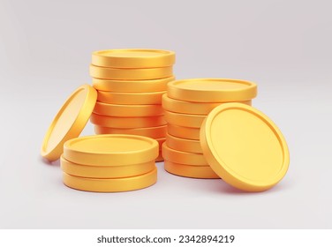 Stacked gold blank metal coins, 3D realistic money, cash, treasure pile. Game assets, payment signs, bank, finance symbols vector illustration on gray background