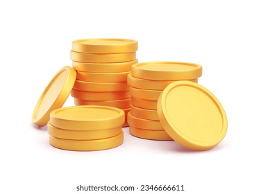 Stacked gold blank metal coins, 3D realistic money, cash, treasure heap. Game assets, payment signs, bank, finance symbols vector illustration isolated on white background