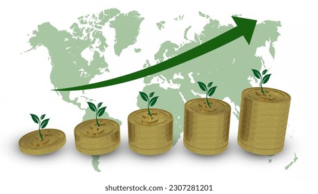 stacked gold dollar coins and upper arrow. Flat vector icon isolated on white. Economy, green, tree, finance, money symbol. Currency mapamundi. illustration. increase