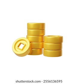 Stacked golden Chinese coins with square hole. 3D realistic money, cash, treasure heap. Asian lucky fortune and finance symbol. Cartoon wealth vector render illustration. Lunar New Year gift