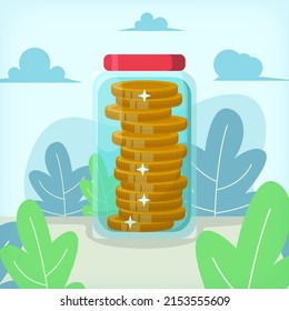 Stacked of Golden Coins in A Jar Illustration Design Concept EPS10 great to be used as a perfect landing page for your website