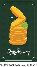 Stacked golden coins and shamrock leaf. Vector