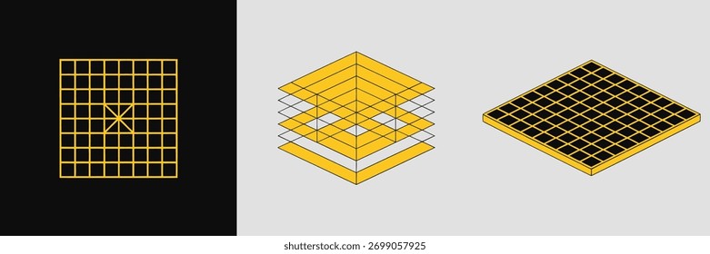 Ícones de plano de grade empilhada, camadas de retículo amarelo, painéis isométricos de perspectiva, conceito de profundidade de interface do usuário, vetor de painel futurista