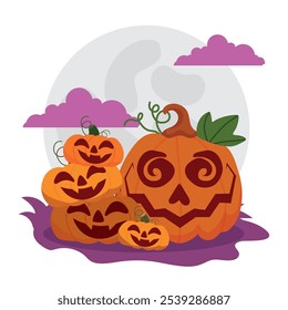 Grupo empilhado de abóboras de Halloween com um jack-o -lanterna de olhos espiral sob lua cheia, ilustração Vetor