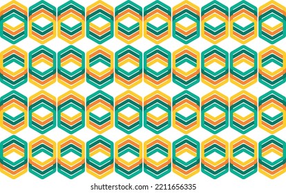 Stacked hexagons. The design consists of dark green, light green, orange, and yellow colors. Background. Wallpaper. Abstract. Colorful. Geometric. Repeatedly.