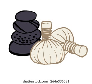 Stacked hot stones and herbal compress balls illustration. Ideal for spa branding, massage therapy, wellness packaging, digital or print designs.