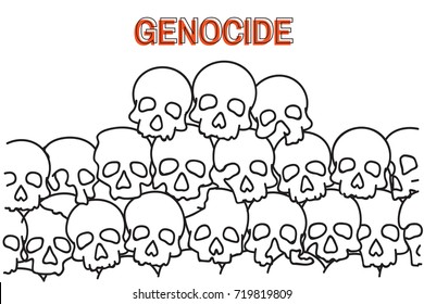 Stacked human skull died from genocide killing. Outline, linear, thin line art, doodle, hand drawn sketch design, simple style.