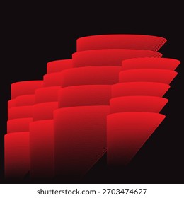 Corações empilhados em camadas no gradiente vermelho profundo formando um olhar abstrato 3D.