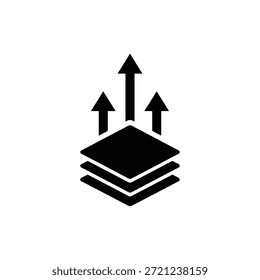 Capas apiladas con flechas hacia arriba Icono de concepto de crecimiento en blanco y negro