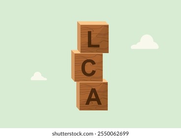 Stacked LCA Wooden Blocks Illustration. wooden blocks stacked with LCA letters, representing life cycle assessment and sustainability in a minimalist style. life cycle assessments. Vector illustration