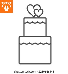 Stacked love cake line icon, outline style icon for web site or mobile app, valentines day and dessert, cake with hearts vector icon, simple vector illustration, vector graphics with editable strokes.