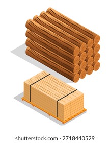 Stacked Lumber and Logs on White Background Keywords: wood, lumber, logs, timber, construction