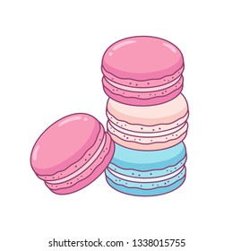 Stacked Macaron cookies: pink, blue and white. Tradicional French sweet treat drawing. Cute hand drawn vector illustration.