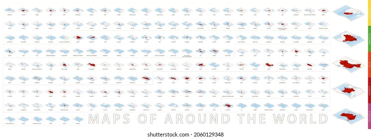 Stacked map in isometric style, large collection of maps sorted by continent and alphabetically. Vector illustration.