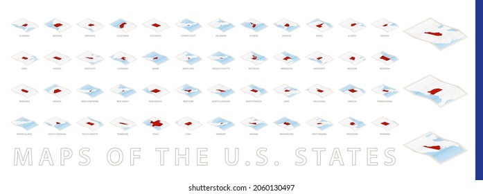 Stacked map in isometric style, large collection of maps of the U.S. states, sorted alphabetically. Vector illustration.