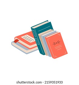 Stacked media studying learning textbooks with bookmark isolated flat cartoon style textbooks. Vector encyclopedias or brochures in hardcover, bibliography paper information. Back to school literature