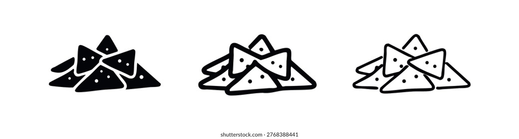 Stacked Nacho Tortilla Chips Icon Pack - Textured Mexican Snack Glyph Outline Vector Symbols