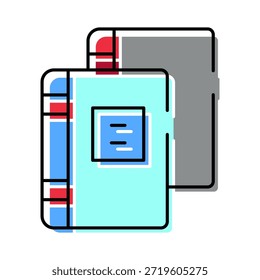 Cuadernos apilados en azul claro, rojo y gris con contornos negros llamativos, ícono de Vector minimalista que simboliza la educación, el estudio, la planificación, la papelería y los conceptos de regreso a la escuela para el Web o la impresión