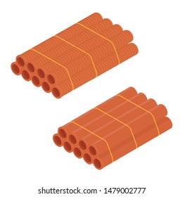 Stacked orange sanitary pvc pipes isolated on white background isometric view