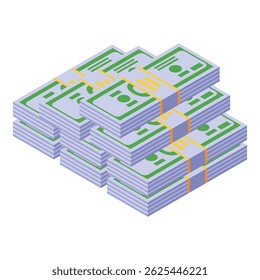 Stacked packs of dollar bills are increasing in height, illustrating growing wealth and financial success