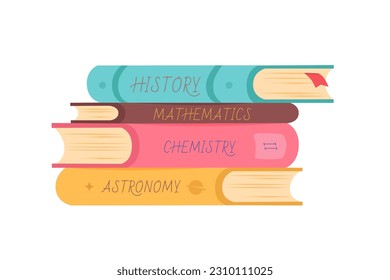 Stacked paper school books vector illustration. Cartoon isolated colorful textbooks of history and mathematics, chemistry and astronomy for study, stack of literature from bookstore or library