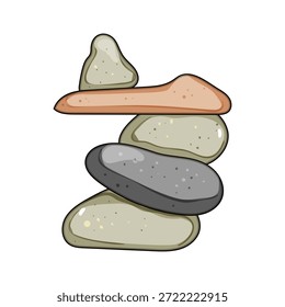 Stacked pebbles forming a cairn structure demonstrates concepts of equilibrium, calmness, harmony, and mindfulness, representing stability and well being in a simple, organic form