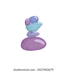 Stacked pebbles various colors. Cartoon stone balance asymmetric pyramid vector illustration. Glossy natural minerals marble textures stack isolated on white background