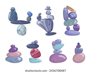 Stacked pebbles various colors. Cartoon stone balance asymmetric pyramid vector illustrations set. Glossy natural minerals marble textures or gems stacks isolated on white background