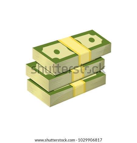 Stacked pile of American dollars. Three bundles of money. Paper cash. Concept of wealth, financial investment, banking. Flat vector design for mobile app